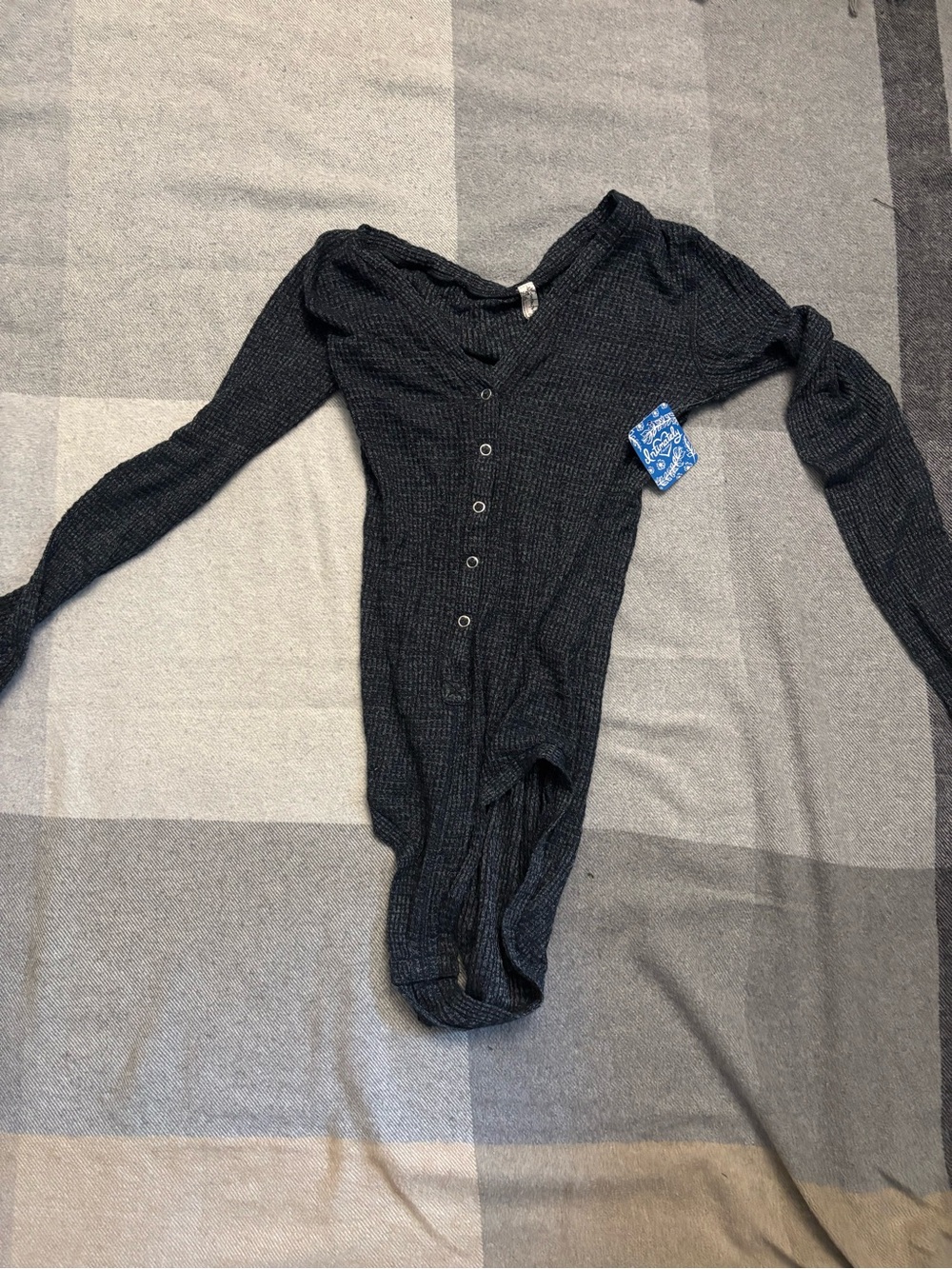 Free People Dark Gray Ribbed Button-Front Long-Sleeve Bodysuit